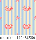 Seamless nautical pattern with pink crabs and starfish on blue striped background 140486560