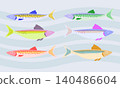 Colorful stylized school of fish on wavy background 140486604