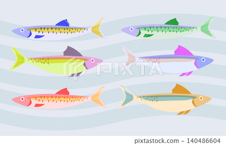 Colorful stylized school of fish on wavy background Colorful stylized school of fish on wavy background 140486604