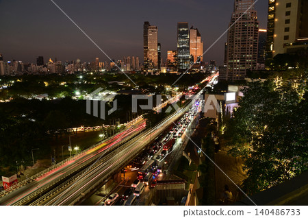 Night scene top view of a Rama 4 road in Silom district. Bangkok capital city in Thailand. Night scene top view of a Rama 4 road in Silom district. Bangkok capital city in Thailand. 140486733