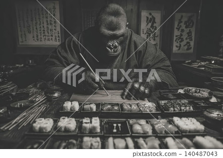 Powerful gorilla creates sushi masterpiece in a traditional Japanese setting Powerful gorilla creates sushi masterpiece in a traditional Japanese setting 140487043