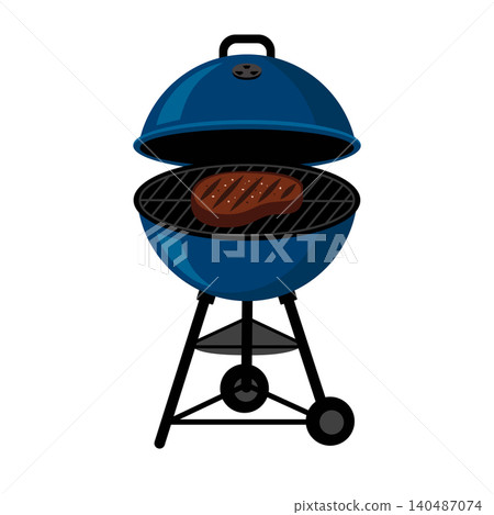 Grill is Open With Meat on Cooking Rack Ready for Summer Barbecue Grill is Open With Meat on Cooking Rack Ready for Summer Barbecue 140487074