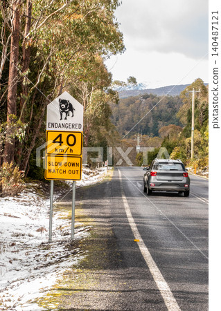 Road Sign Warning Drivers of Tasmanian Devils in Tasmania, Australia 140487121