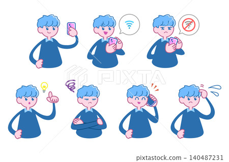一組描繪一位年輕男子使用智慧型手機的插畫。 一組描繪一位年輕男子使用智慧型手機的插畫。 140487231