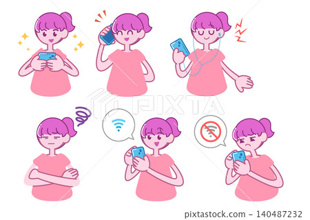 一位年輕女子操作智慧型手機的插圖集 140487232