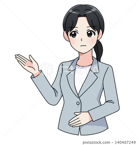 Businesswoman in a serious, guiding pose, upper body illustration. Businesswoman in a serious, guiding pose, upper body illustration. 140487249