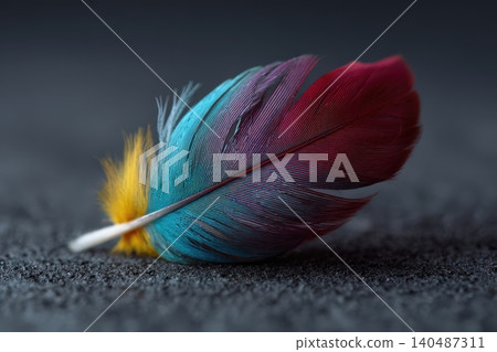 Beautiful multi-colored feather resting on a dark textured surface 140487311
