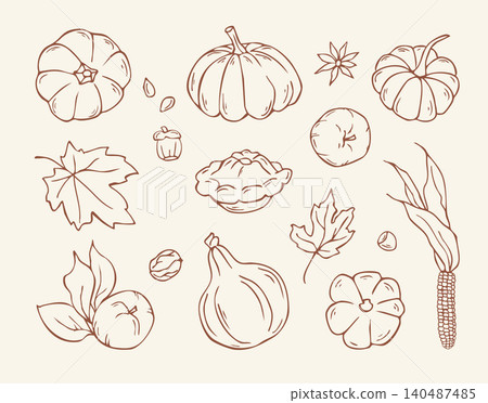 Hand drawn autumn pumpkins and thanksgiving harvest doodle set 140487485