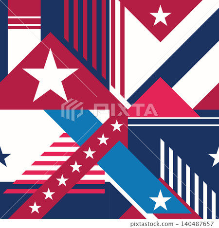 vector of abstract geometric seamless pattern background, inspired by the American flag with stripes and stars shape, in red, blue, whites. background for July 4th Independence Day celebrations vector of abstract geometric seamless pattern background, inspired by the American flag with stripes and stars shape, in red, blue, whites. background for July 4th Independence Day celebrations 140487657