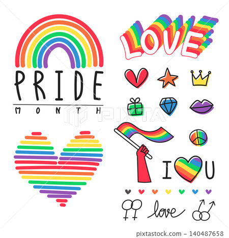 set of Pride Month vector illustration collection featuring rainbow icons, LGBTQ+ symbols, hearts, love typography, equality signs, and colorful flags. 140487658