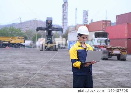 Industrial freight operator managing cargo transport operations with laptop at shipping container yard Industrial freight operator managing cargo transport operations with laptop at shipping container yard 140487708