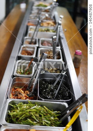 Korean Food Display with Various Side Dishes Korean Food Display with Various Side Dishes 140487908