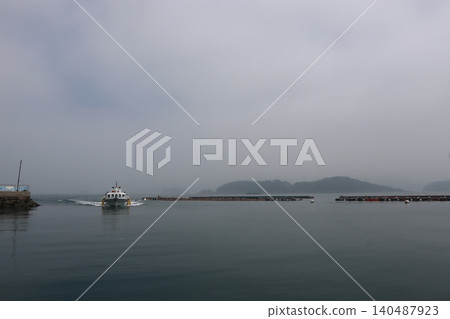 Foggy Harbor with Ferry Boat Foggy Harbor with Ferry Boat 140487923