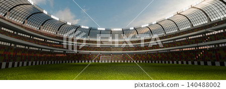 3D Rendered Soccer Stadium with Green Pitch and Crowded Stands Under Blue Sky 140488002