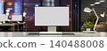 3D Computer with blank screen on table at night time in office 140488008