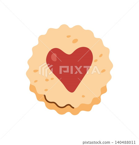 Round linzer cookie with heart shaped jam filling center Round linzer cookie with heart shaped jam filling center 140488011
