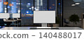 3D Computer with blank screen on table at night time in office 140488017