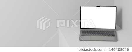 3D Render Laptop Mockup with Blank White Screen on Minimal Gray Background 3D Render Laptop Mockup with Blank White Screen on Minimal Gray Background 140488046