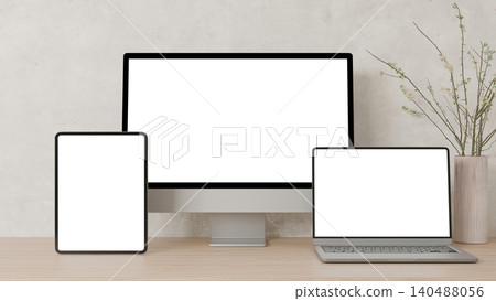 3D Render Multi-Device Mockup with Desktop Monitor Laptop and Tablet on Minimal Wooden Desk 3D Render Multi-Device Mockup with Desktop Monitor Laptop and Tablet on Minimal Wooden Desk 140488056