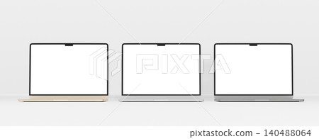 Three Laptop Mockup 3D Render Blank Screen Display in Gold Silver and Space Gray Colors on White Background Three Laptop Mockup 3D Render Blank Screen Display in Gold Silver and Space Gray Colors on White Background 140488064
