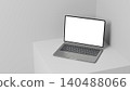 3D Render Laptop Mockup with Blank White Screen on Minimal Gray Surface Corner 140488066