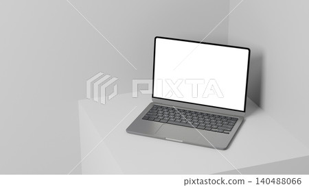 3D Render Laptop Mockup with Blank White Screen on Minimal Gray Surface Corner 3D Render Laptop Mockup with Blank White Screen on Minimal Gray Surface Corner 140488066
