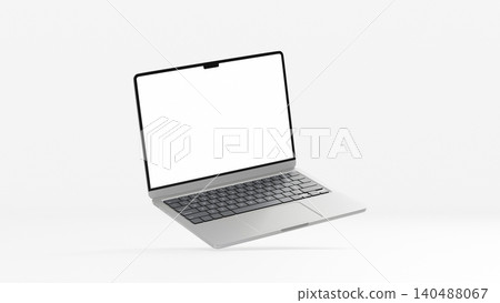 3D Render Laptop Mockup with Blank White Screen on Light Gray Background, Floating Perspective View 3D Render Laptop Mockup with Blank White Screen on Light Gray Background, Floating Perspective View 140488067