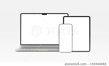 3D Render Multi-Device Mockup Set Laptop, Tablet, and Smartphone with Blank White Screens on White Background 3D Render Multi-Device Mockup Set Laptop, Tablet, and Smartphone with Blank White Screens on White Background 140488068
