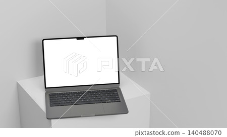 3D Render Laptop Mockup with Blank White Screen on White Pedestal, Minimal Gray Background 3D Render Laptop Mockup with Blank White Screen on White Pedestal, Minimal Gray Background 140488070