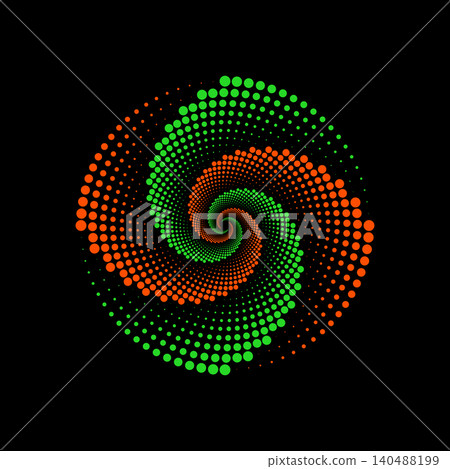 dotted spiral vortex in green and orange colors on black background 140488199