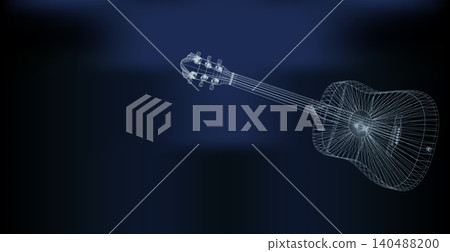 Wireframe acoustic guitar rendered digitally against a deep blue background with glowing lines 140488200