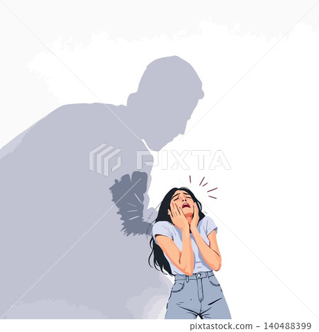 Vsai woman experiencing fear from intimidating shadow Vsai woman experiencing fear from intimidating shadow 140488399