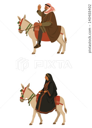 Vsai arab couple riding donkeys wearing traditional clothing 140488402