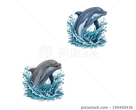 Vsai bottlenose dolphins leaping from ocean waves splashing water Vsai bottlenose dolphins leaping from ocean waves splashing water 140488436