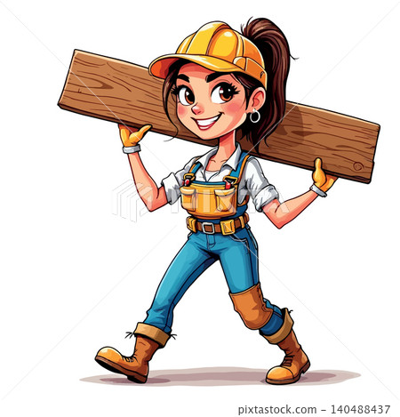 Vsai woman construction worker carrying lumber on shoulder Vsai woman construction worker carrying lumber on shoulder 140488437