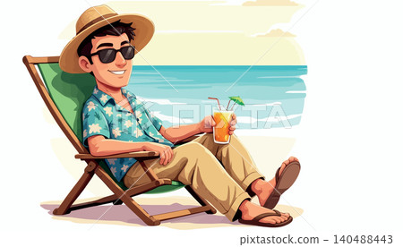Vsai man relaxing on beach with drink enjoying summer vacation Vsai man relaxing on beach with drink enjoying summer vacation 140488443