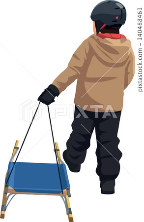 Vsai child pulling sled walking up winter hill 140488461