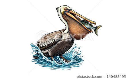 Vsai pelican catching fish creating water splash illustration Vsai pelican catching fish creating water splash illustration 140488495
