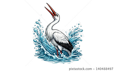 Vsai stork splashing water with beak open calling Vsai stork splashing water with beak open calling 140488497