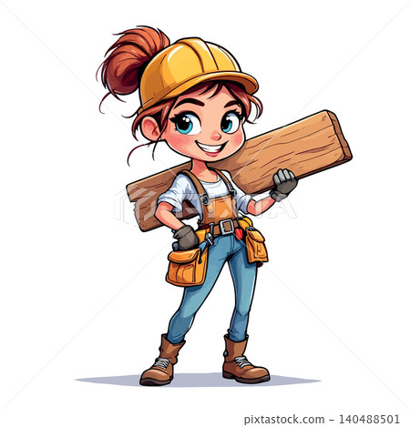 Vsai construction girl worker carrying wood plank smiling 140488501