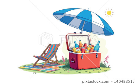 Vsai summer vacation picnic with drinks cooler and sun umbrella Vsai summer vacation picnic with drinks cooler and sun umbrella 140488513