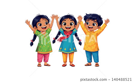 Vsai happy indian children playing together raising hands Vsai happy indian children playing together raising hands 140488521