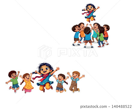Vsai happy children jumping together expressing success and joy Vsai happy children jumping together expressing success and joy 140488522