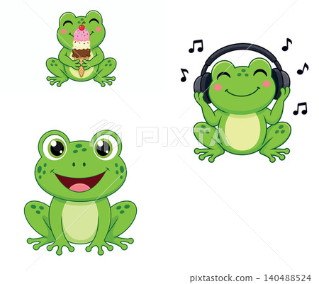 Vsai green cartoon frog characters set enjoying music and ice cream Vsai green cartoon frog characters set enjoying music and ice cream 140488524