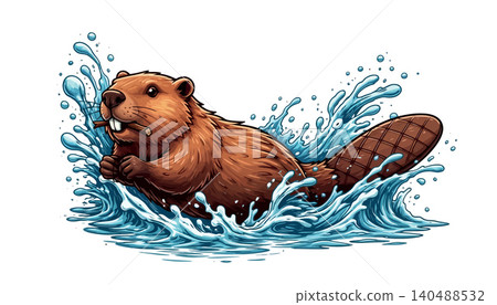 Vsai beaver swimming with stick creating water splash Vsai beaver swimming with stick creating water splash 140488532
