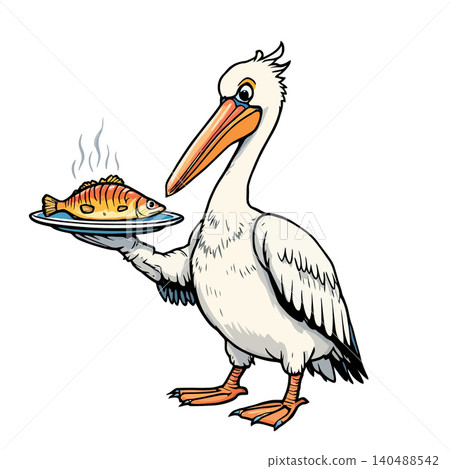 Vsai pelican bird holding serving plate with hot fish Vsai pelican bird holding serving plate with hot fish 140488542