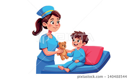 Vsai pediatric nurse giving teddy bear to child patient Vsai pediatric nurse giving teddy bear to child patient 140488544