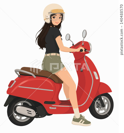 Young woman confidently riding red motor scooter with helmet Young woman confidently riding red motor scooter with helmet 140488570