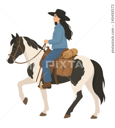 Cowgirl riding pinto horse with saddle bags exploring outdoors 140488572