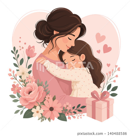 Vsai mother and child embracing with spring flowers and gift Vsai mother and child embracing with spring flowers and gift 140488586